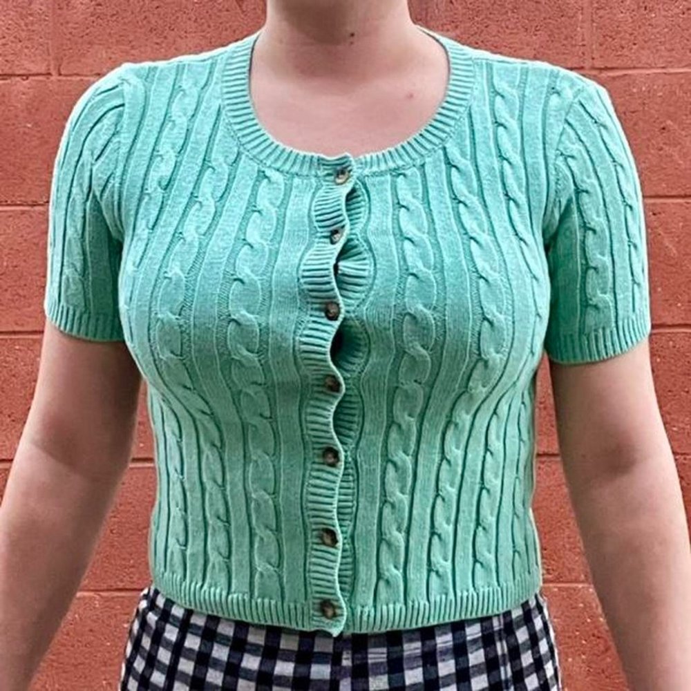 Blue Green Crop Cardigan Sweater